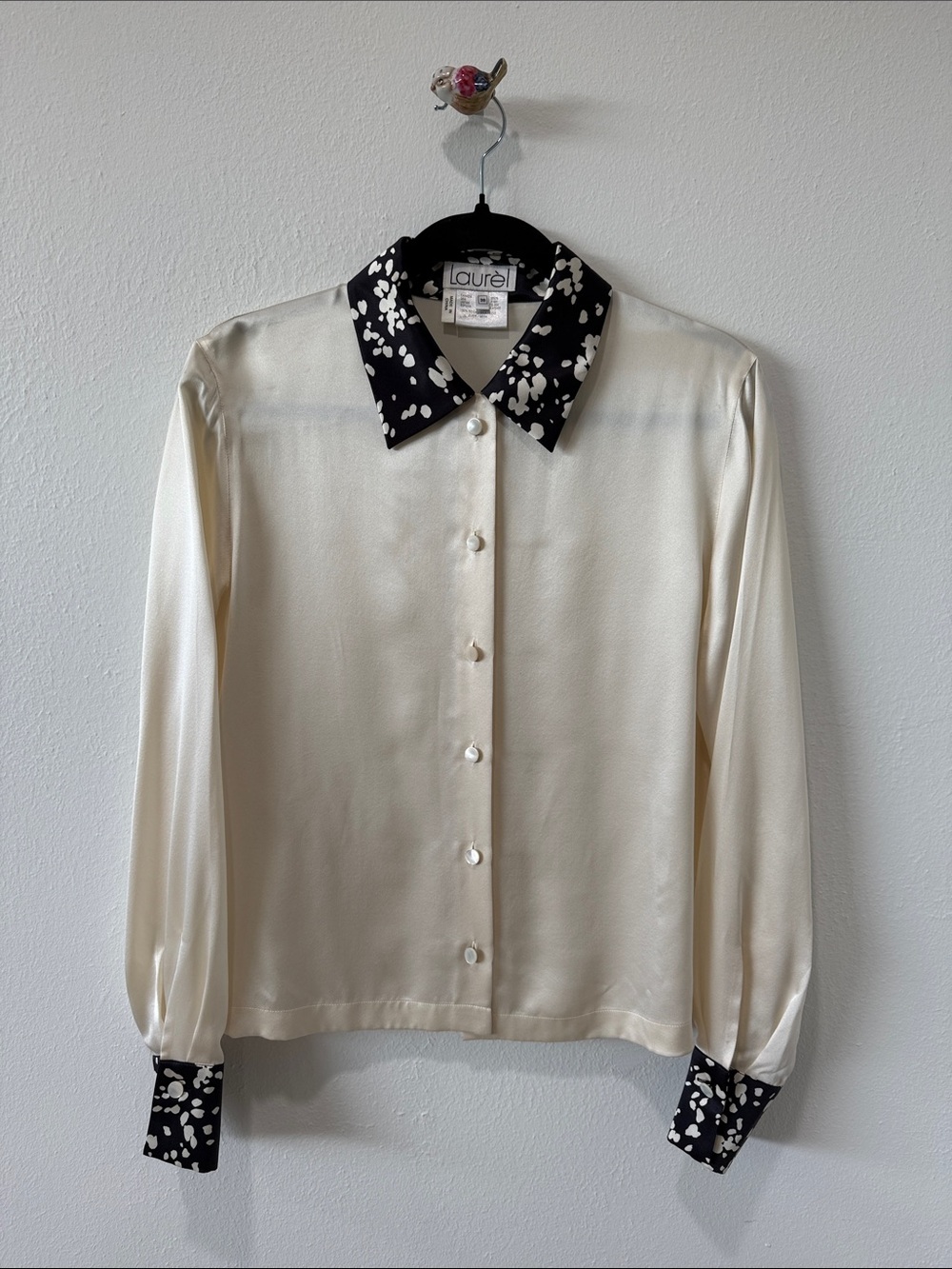 Laurel Cream Satin Blouse with Black Printed Collar